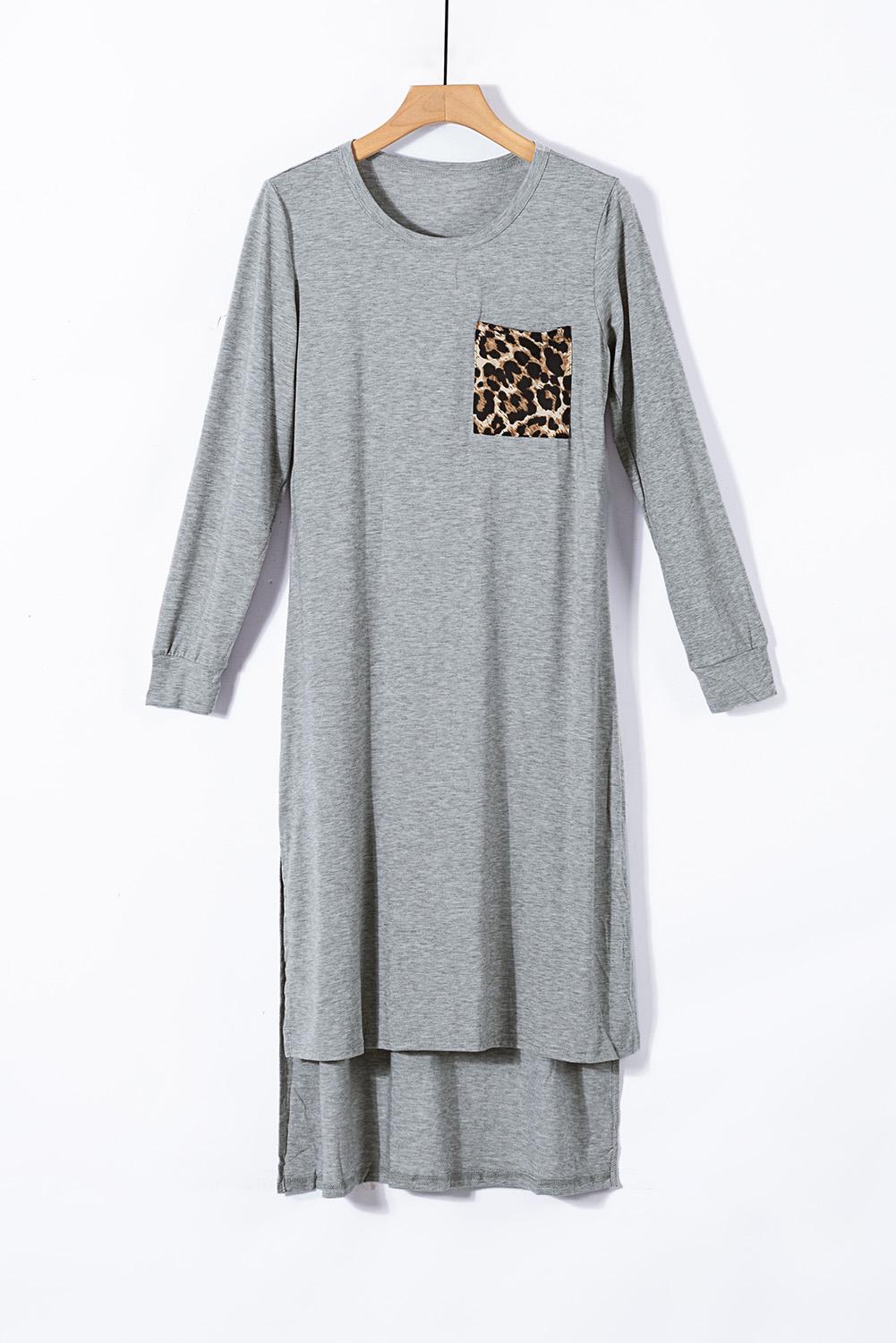 Leopard Patch Side Split Long Sleeve Midi Dress