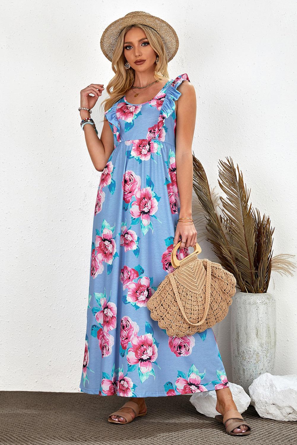 Ruffle Sleeveless High Waist Floral Maxi Dress