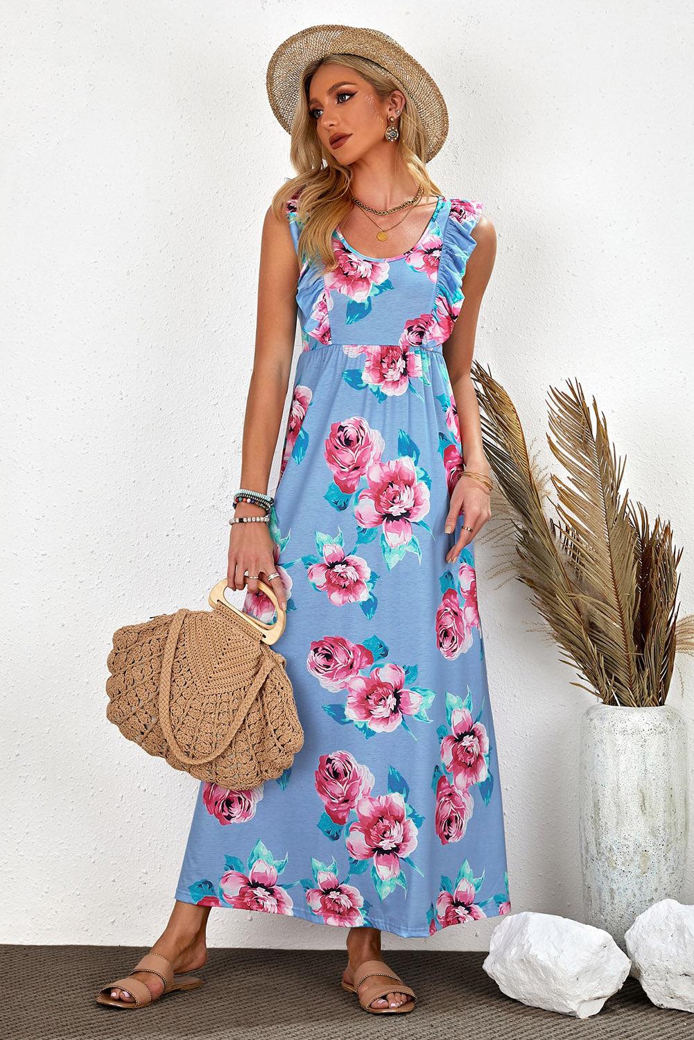 Ruffle Sleeveless High Waist Floral Maxi Dress