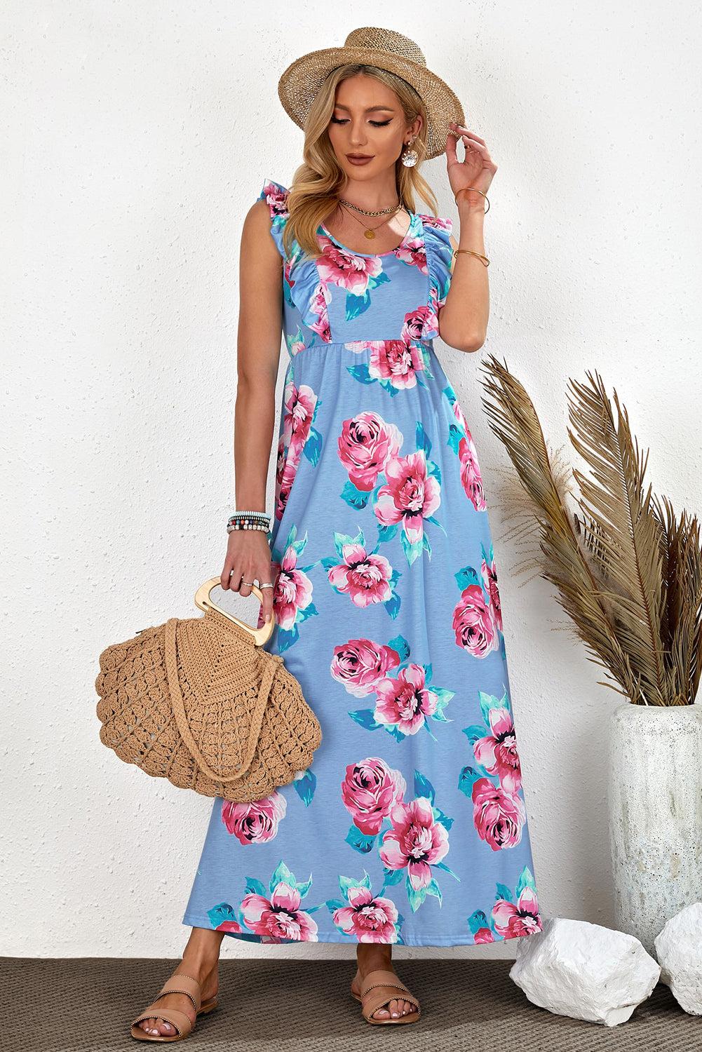 Ruffle Sleeveless High Waist Floral Maxi Dress