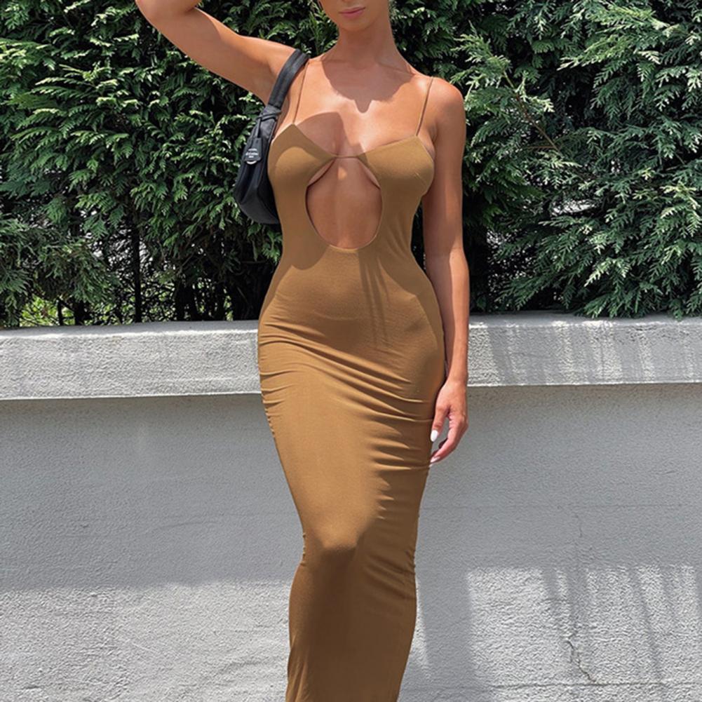 Low Collar Front Hollow Back Lace-Up Maxi Dress Sling Backless Bodycon Women Long Dress Club Wear