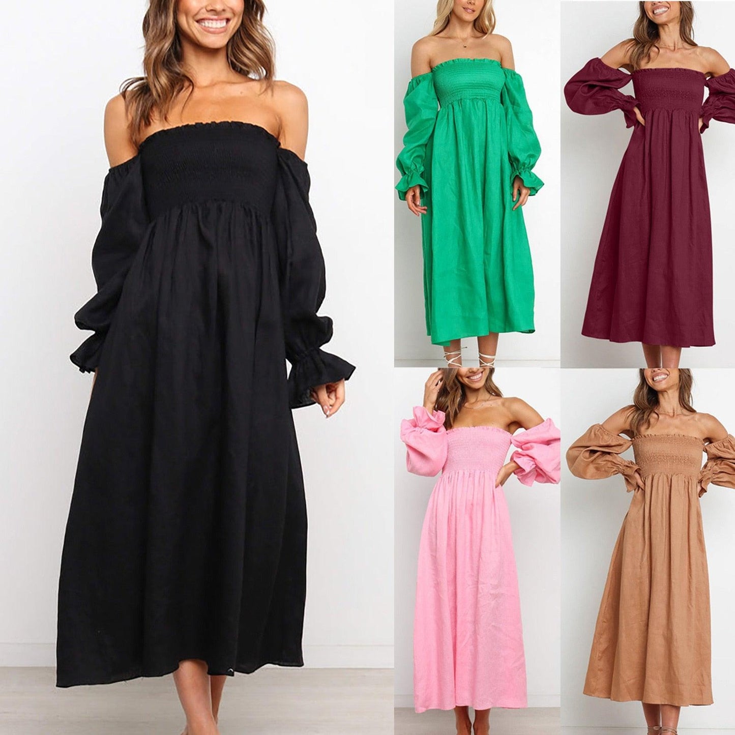 Women Long Puff Sleeve Long Dresses Summer Square Neck Smocked A Line Solid Color Ruffle Flowy Swing Maxi Dresses Vestidos