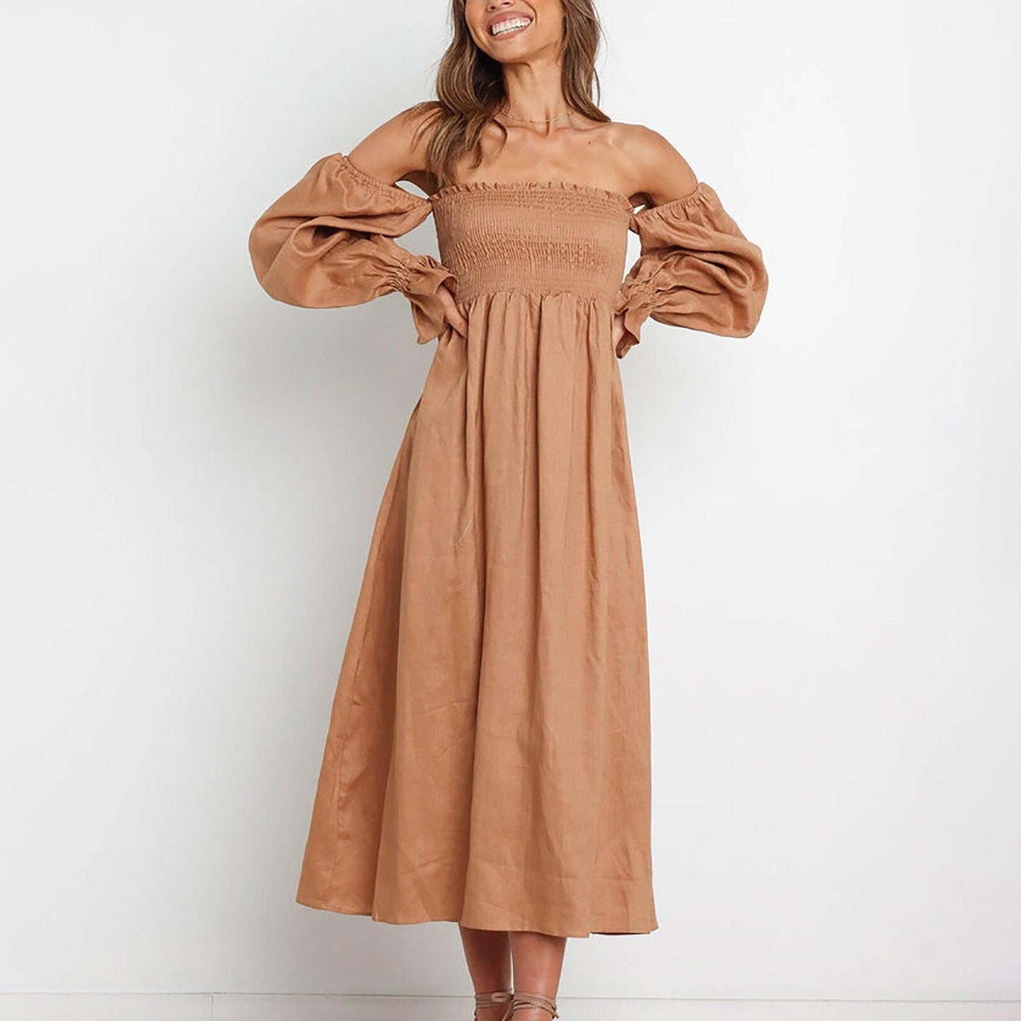 Women Long Puff Sleeve Long Dresses Summer Square Neck Smocked A Line Solid Color Ruffle Flowy Swing Maxi Dresses Vestidos