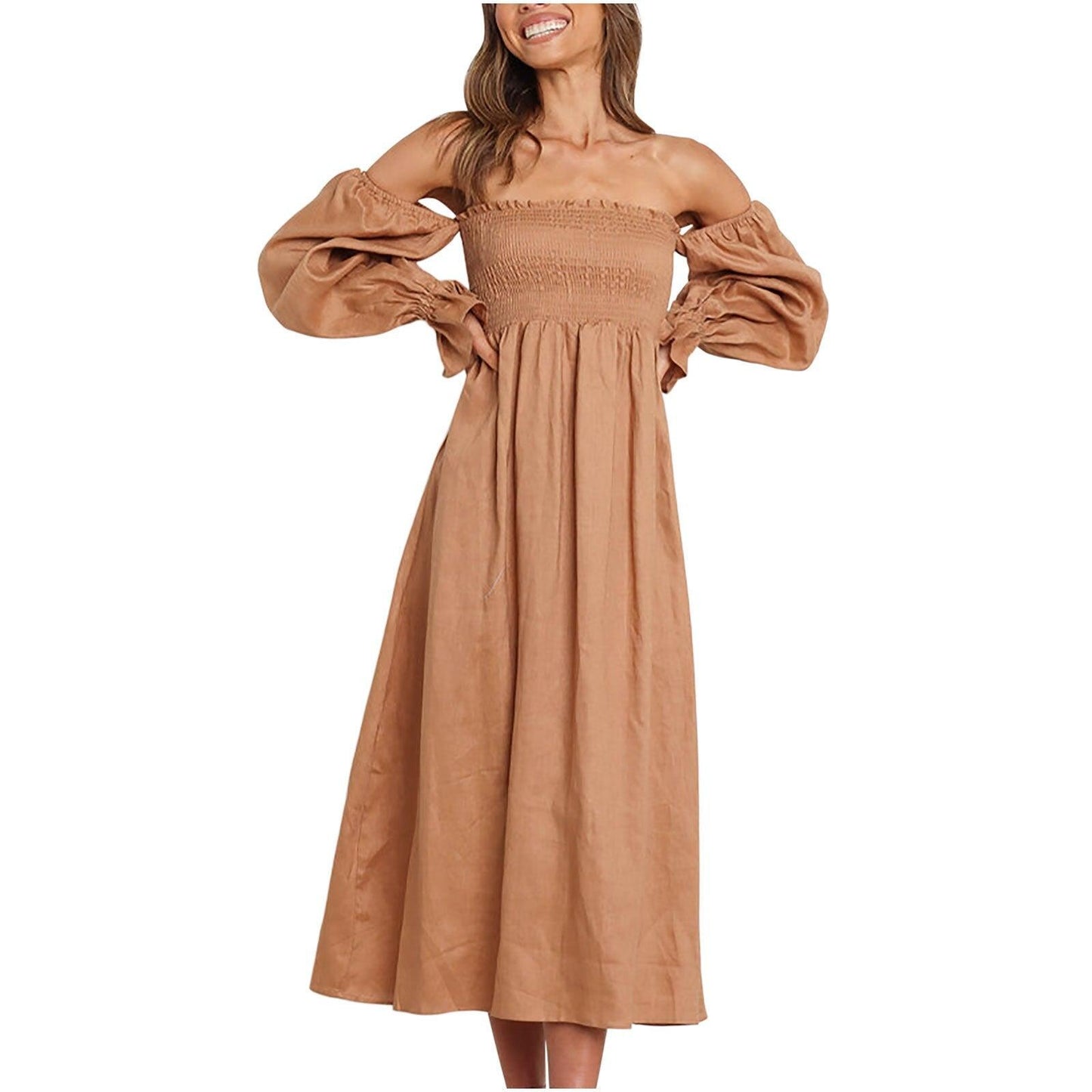 Women Long Puff Sleeve Long Dresses Summer Square Neck Smocked A Line Solid Color Ruffle Flowy Swing Maxi Dresses Vestidos
