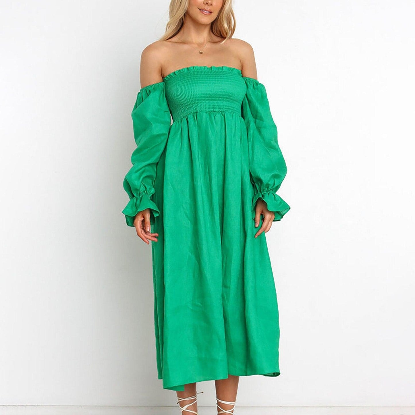 Women Long Puff Sleeve Long Dresses Summer Square Neck Smocked A Line Solid Color Ruffle Flowy Swing Maxi Dresses Vestidos