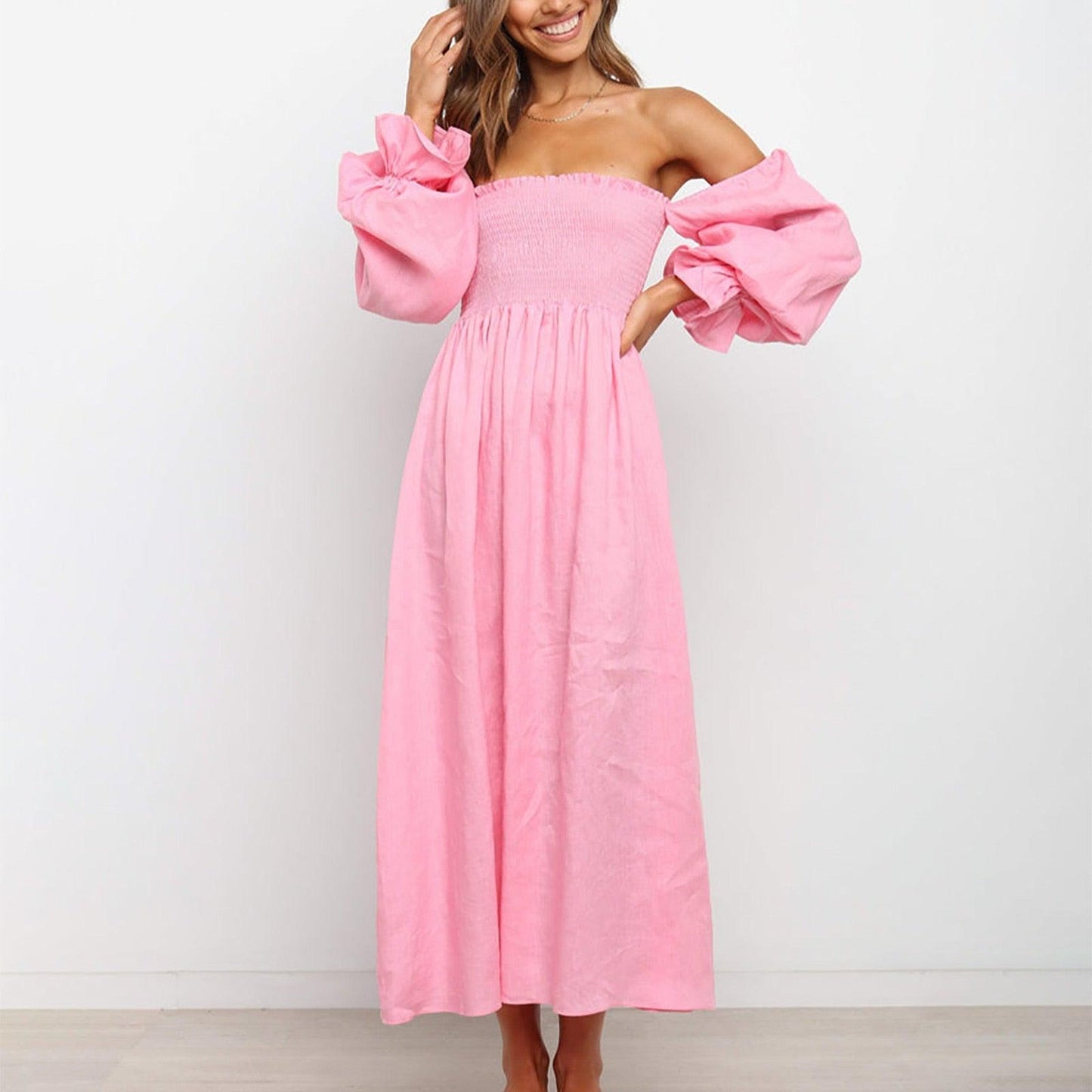 Women Long Puff Sleeve Long Dresses Summer Square Neck Smocked A Line Solid Color Ruffle Flowy Swing Maxi Dresses Vestidos