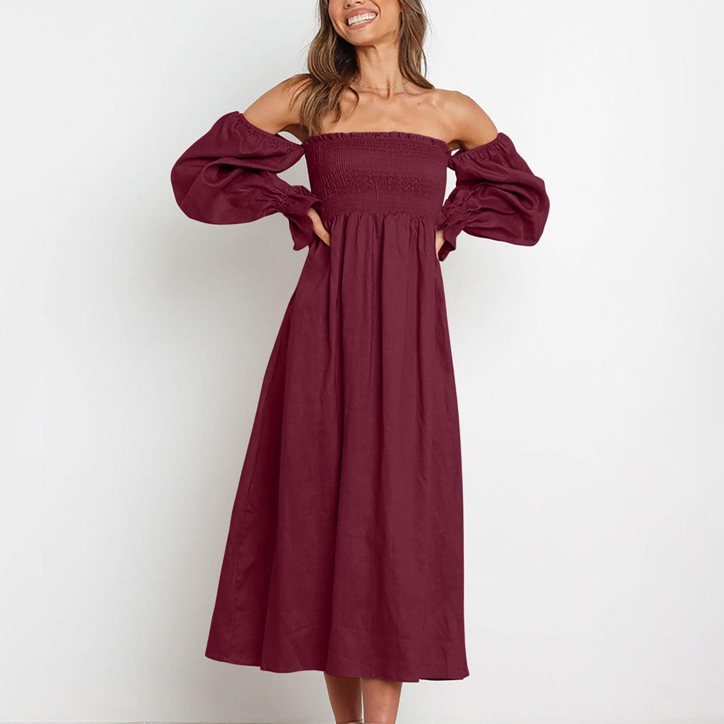 Women Long Puff Sleeve Long Dresses Summer Square Neck Smocked A Line Solid Color Ruffle Flowy Swing Maxi Dresses Vestidos