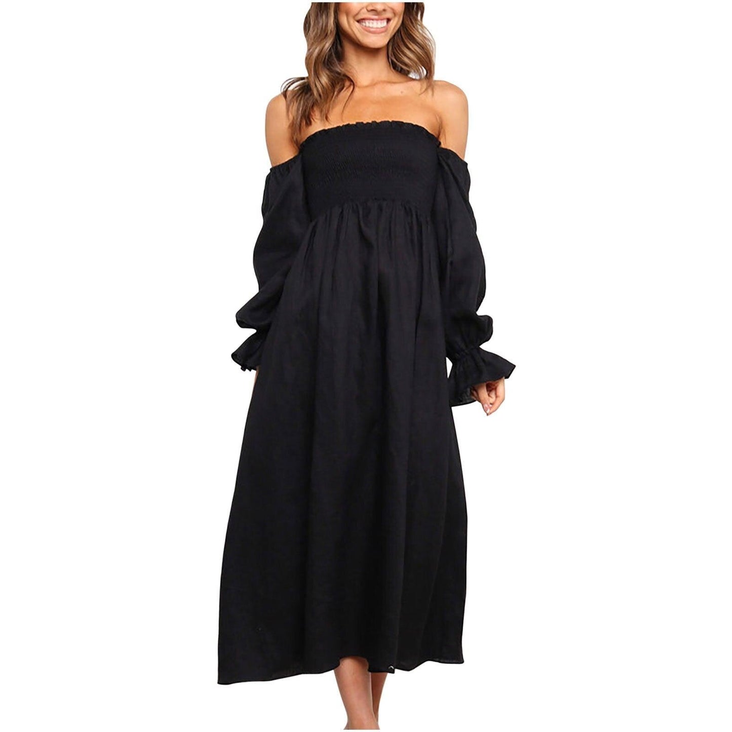 Women Long Puff Sleeve Long Dresses Summer Square Neck Smocked A Line Solid Color Ruffle Flowy Swing Maxi Dresses Vestidos