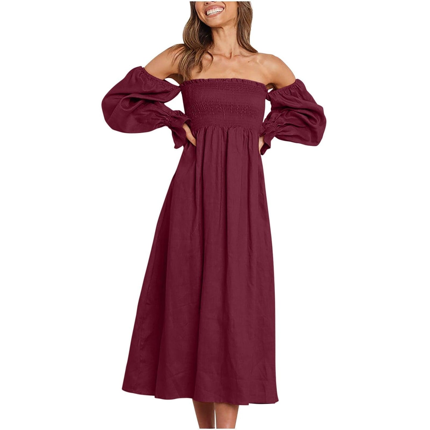 Women Long Puff Sleeve Long Dresses Summer Square Neck Smocked A Line Solid Color Ruffle Flowy Swing Maxi Dresses Vestidos