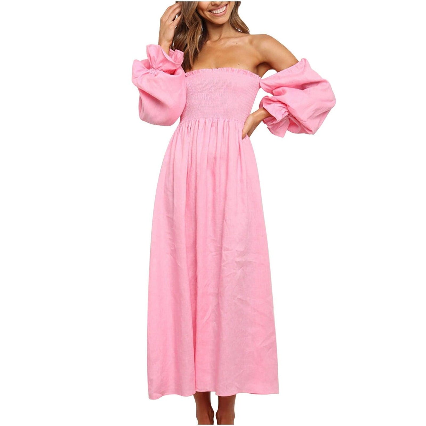 Women Long Puff Sleeve Long Dresses Summer Square Neck Smocked A Line Solid Color Ruffle Flowy Swing Maxi Dresses Vestidos