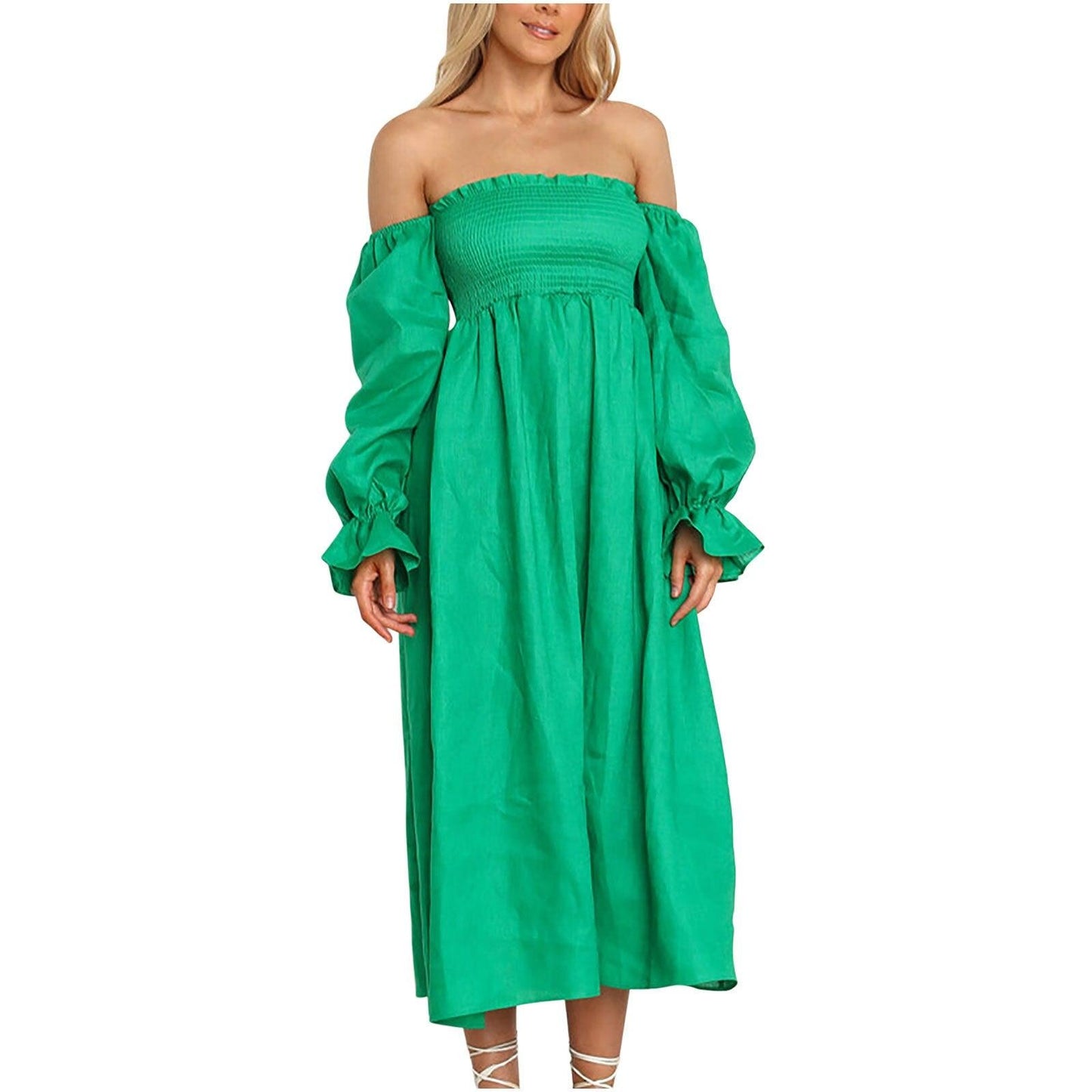 Women Long Puff Sleeve Long Dresses Summer Square Neck Smocked A Line Solid Color Ruffle Flowy Swing Maxi Dresses Vestidos