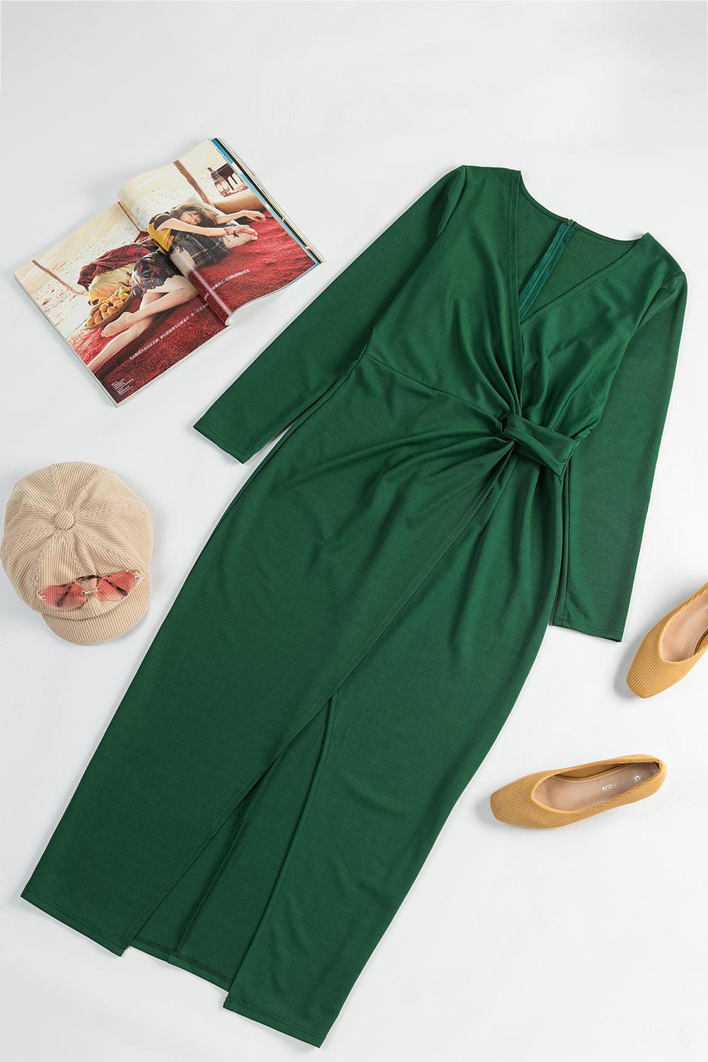 Long Sleeve V Neck Twist Front Slit Long Dress