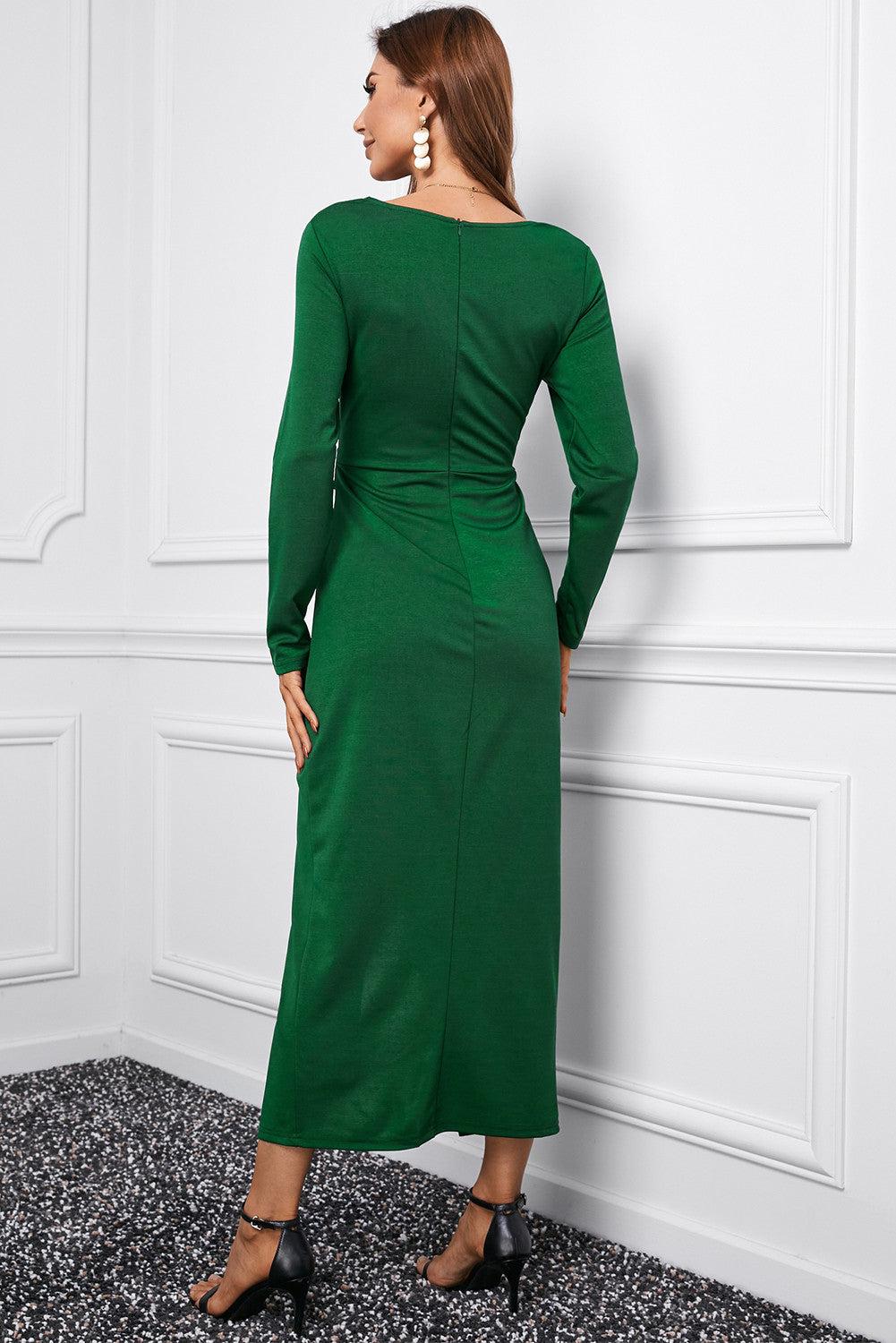 Long Sleeve V Neck Twist Front Slit Long Dress