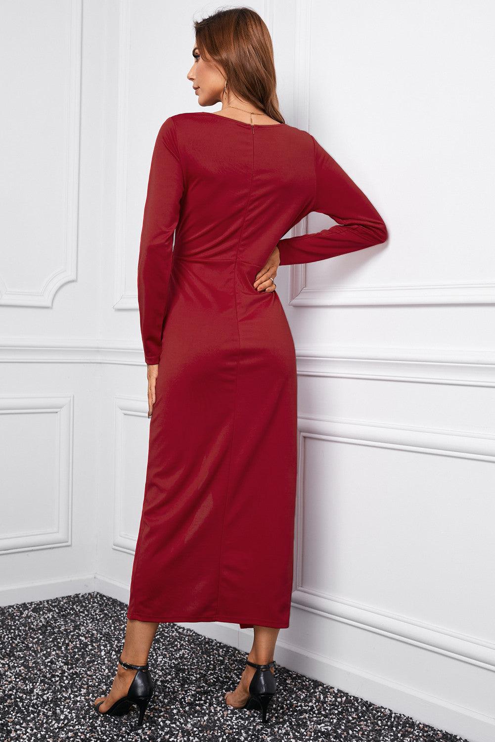 Long Sleeve V Neck Twist Front Slit Long Dress