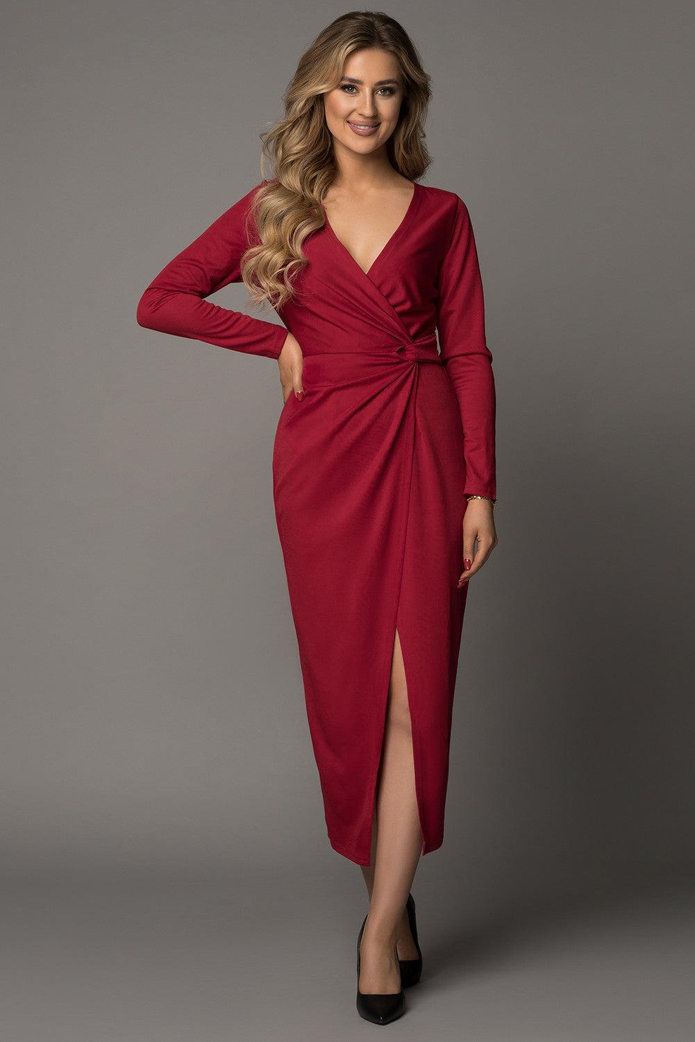 Long Sleeve V Neck Twist Front Slit Long Dress