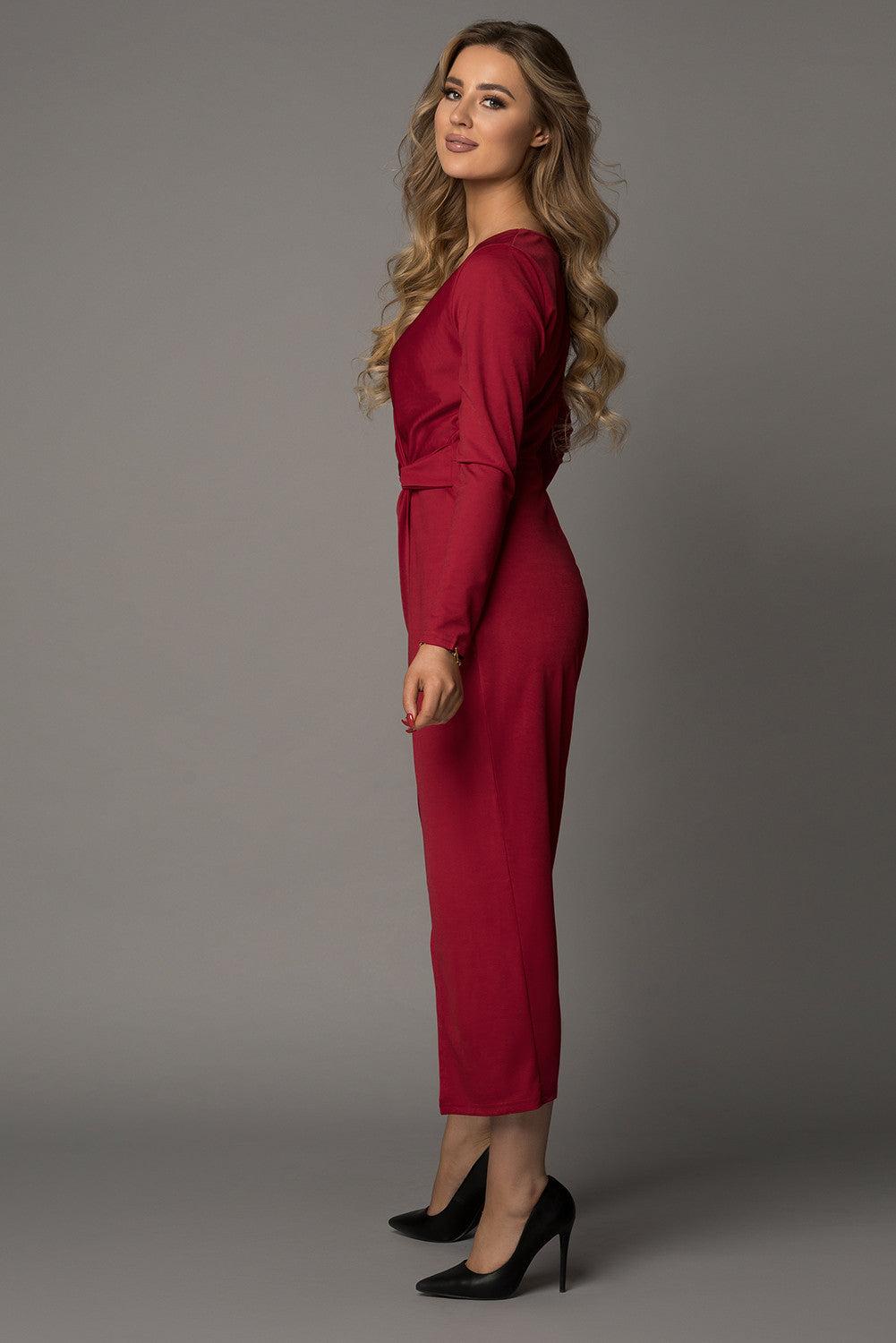 Long Sleeve V Neck Twist Front Slit Long Dress