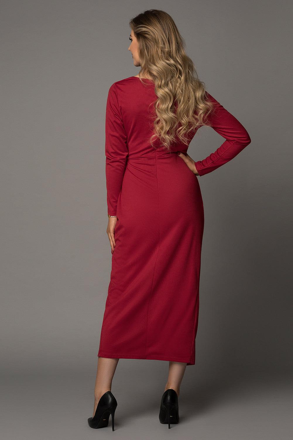 Long Sleeve V Neck Twist Front Slit Long Dress