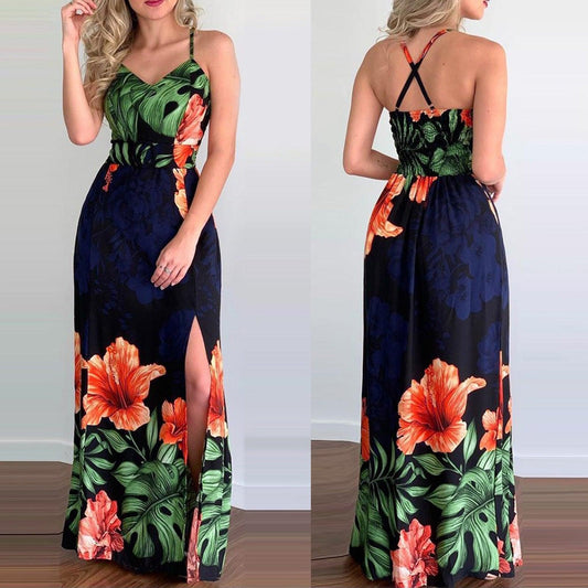 Summer Vintage V-neck Floral Long Dress Women  Slim Sleeveless Backless Party Dress Elegant Cross Spaghetti Strap Maxi Dress