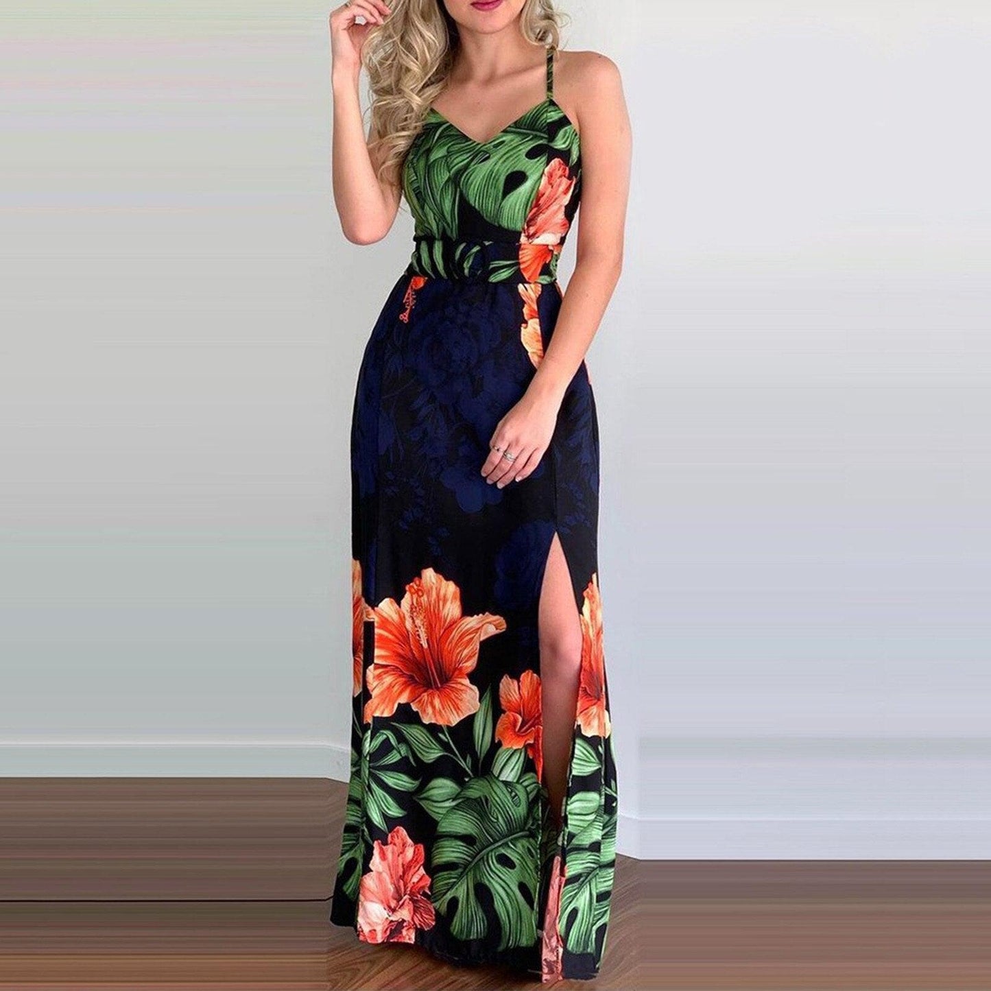 Summer Vintage V-neck Floral Long Dress Women  Slim Sleeveless Backless Party Dress Elegant Cross Spaghetti Strap Maxi Dress