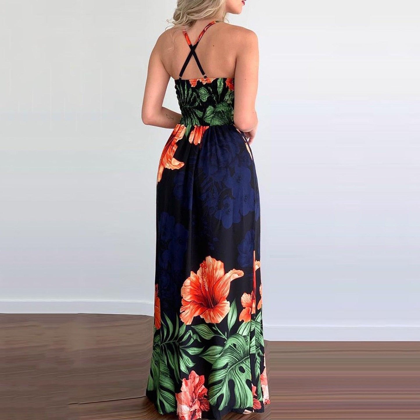 Summer Vintage V-neck Floral Long Dress Women  Slim Sleeveless Backless Party Dress Elegant Cross Spaghetti Strap Maxi Dress