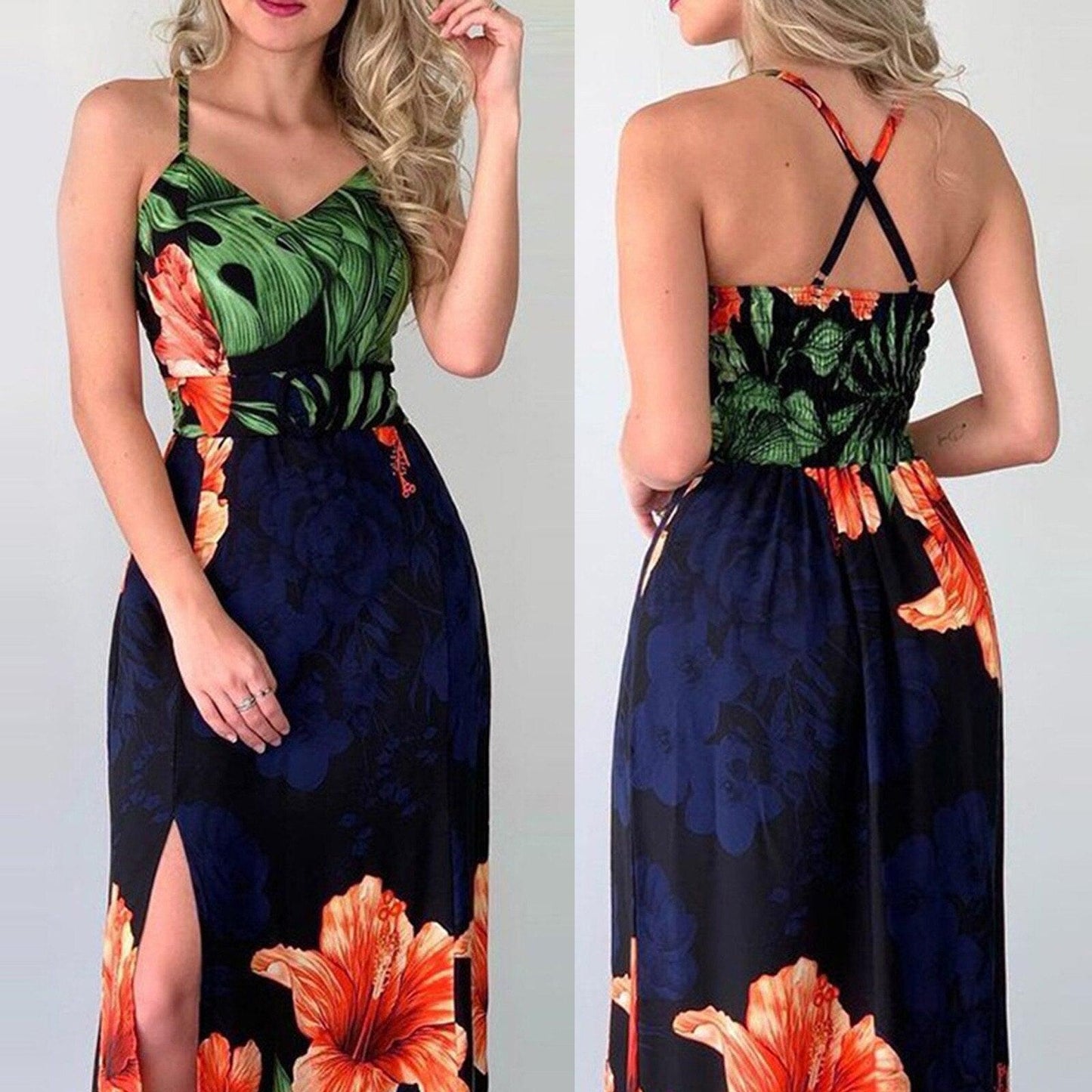 Summer Vintage V-neck Floral Long Dress Women  Slim Sleeveless Backless Party Dress Elegant Cross Spaghetti Strap Maxi Dress